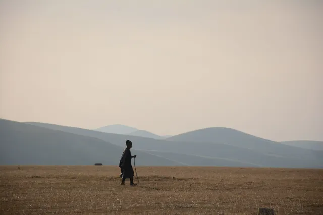 This wide shot features a lone figure silhouetted against a vast, hazy landscape